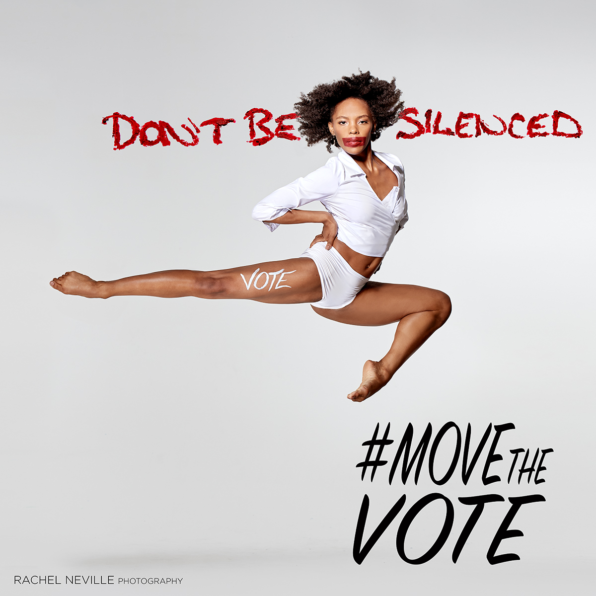 Samantha Figgins, Alvin Ailey, dancer in white, don't be silenced, move the vote message in a jump